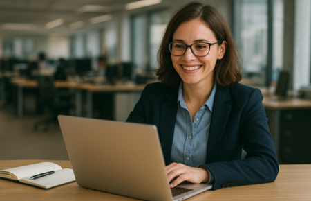 Lächelnde Frau mit dunkelhaarigem Bob, Brille und Blazer sitzt an einem Tisch in einer Redaktion vor dem Laptop