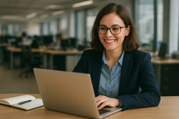 Lächelnde Frau mit dunkelhaarigem Bob, Brille und Blazer sitzt an einem Tisch in einer Redaktion vor dem Laptop